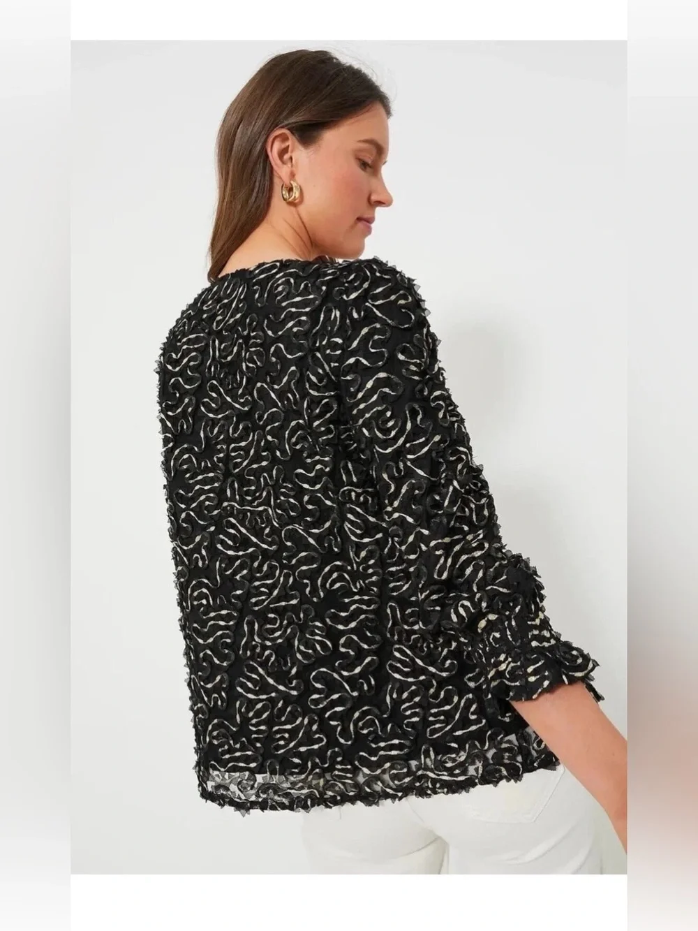 Tuckernuck Black Gold Textured Peplum Blouse Puff Sleeve Top NWT Large